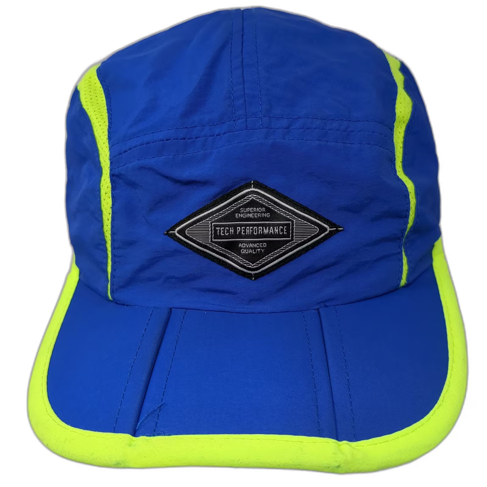 Blue Yellow 5 Panel Tech Performance Hat Os Strapback Adjustable Running Mesh